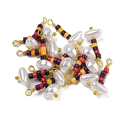 Black ABS Plastic Imitation Pearl Pendants, with Real 18K Gold Plated Brass Loops and Glass Seed Beads, Black, 18.5~19.5x8x5.5mm, Hole: 1.6mm