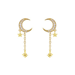 Золотой Серьги-гвоздики из латуни с микропаве в виде луны и звезды, украшенные прозрачными кубическими циркониями., золотые, 41 мм