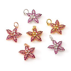 (52) Непрозрачная лаванда Латунные микро проложить кубического циркония подвески, с прыжковых колец, цветок, фуксия и ясно, разноцветные, 15.5x14.5x3 мм, Перейти кольцо: 5x0.7 мм, отверстие : 3.5 мм