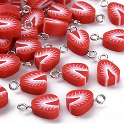 Red Handmade Polymer Clay Charms, with Iron Findings, Imitation Food, Strawberry, Platinum, Red, 12.5~14x9~10x5~6mm, Hole: 1.8mm