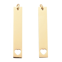 Золотой Ионное покрытие (ip) 304 подвески из нержавеющей стали, с целью перехода в кольце, зеркальная полировка, прямоугольник с подвеской в виде сердца, золотые, 40x7x1.5 мм, отверстие : 3 мм