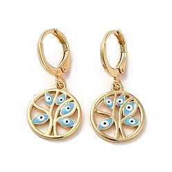 Sky Blue Tree with Evil Eye Golden Brass Dangle Leverback Earrings, with Enamel, Sky Blue, 28.5x13.5mm