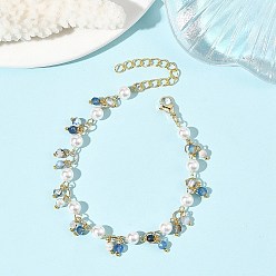 Cornflower Blue Natural Agate(Dyed & Heated) Faceted Round Beaded Chain Bracelets for Women, with Round Shell Pearl Beads, Golden, Cornflower Blue, 7.48 inch(19cm)