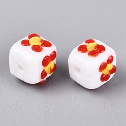 White Handmade Bumpy Lampwork Beads, Cube & Flower, White, 10.5~12x10.5~12x9.5~10.5mm, Hole: 1.4~1.6mm