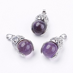 Аметист Подвески из натурального аметиста , с латунной фурнитурой , сова, платина, без кадмия и без свинца, 31x18.5~19x16 мм, отверстие : 4~5x8 мм