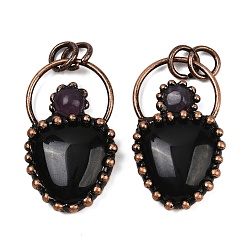 Обсидиан Подвески из натурального обсидиана и натурального аметиста, слезинки, с латунной, Красная медь, 40.5~42x23~23.5x6~6.5 мм, отверстие : 6 мм
