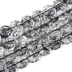 Noir Transparentes craquements perles de verre brins, octogone, teint et cœur, facette, noir, 7~8x7~8x3.5~4mm, Trou: 1~1.4mm, Environ 46~50 pcs/chapelet, 13.58~14.57 pouce (34.5~37 cm)