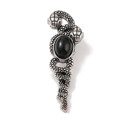 Обсидиан Природные подвески обсидиана, со сплавочной фурнитурой, античное серебро, 61.5x20x8 мм, отверстие : 9.5x7 мм