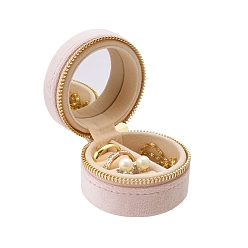 Pink Мини-дорожный бархатный ящик для хранения для женщин, Круглый портативный футляр-органайзер для серег и колец, с молнией и зеркалом, розовые, 6x4.5 см