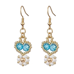 Темно-Голубой Серьги-подвески из стеклянных бусин ручной работы, Сердце со цветками , золотые, глубокое синее небо, 48x15 мм