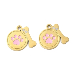 Бледно-Розовый 304 из нержавеющей стали шармы эмали, плоский круг с рисунком отпечатка лапы и костью, ионное покрытие (ip), реальный 18 k позолоченный, розовый жемчуг, 13x15x1.5 мм, отверстие : 1.5 мм