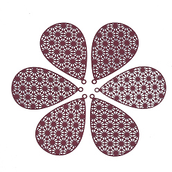 Темно-Красный 430 из нержавеющей стали филигранные подвески, окрашеные, гравированные металлические украшения, слеза, темно-красный, 35x22x0.5 мм, отверстие : 1.4 мм