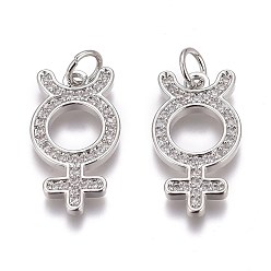 Platin Farbe Messing micro pave klare zirkonia anhänger, langlebig überzogen, mit Ringe springen, weibliche Geschlecht Zeichen, Platin Farbe, 19x10.5x2 mm, Bohrung: 3 mm