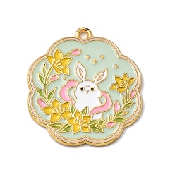 Golden Alloy Enamel Pendants, Rabbit with Flower Charms, Golden, 27x25x1.5mm, Hole: 1.6mm