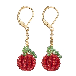 Golden Apple Glass Seed Bead Braided Dangle Earrings, 304 Stainless Steel Leverback Earrings, for Women, Teacher's Day, Golden, 41.5x11.5mm