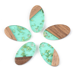 Бледно-бирюзовый Подвески из прозрачной смолы и ореха, золотой фольгой, овальные, бледные бирюзовая, 20x11x3 мм, отверстие : 2 мм