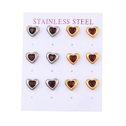 Красный Ионное покрытие (ip) 304 серьги-гвоздики в форме сердца из нержавеющей стали, с микро проложить кубического циркония, золотые и нержавеющая сталь цвет, красные, 10x9 мм