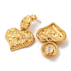 Golden 304 Stainless Steel Micro Pave Cubic Zirconia Dangle Stud Earrings, Textured Heart, Golden, 34x22mm
