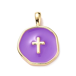 Сине-фиолетовый Латунь эмаль подвески, золотой свет, плоские круглые с крестом, синий фиолетовый, 18x13.5x3.5 мм, отверстие : 2x3.5 мм