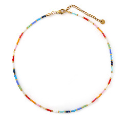 Colorful Bohemian Rainbow Color Round Glass Seed Beaded Necklaces for Women, Golden, Colorful, 15.75 inch(40cm)