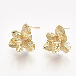 Real 18K Gold Plated Brass Stud Earring Findings, with Loop, Real 18K Gold Plated, Nickel Free, Flower, 13.5x15mm, Hole: 1.4mm, Pin: 0.8mm