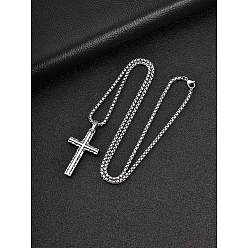 Antique Silver Religion 304 Stainless Steel Hammered Textured Cross Pendant Necklaces, Antique Silver, 23.62 inch(60cm)