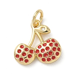 Настоящее золото 18K Латунные микропаве прозрачные подвески с фианитом, черри прелести, с прыгающим кольцом и эмалью, стойки покрытие, долговечный, без свинца и без кадмия, реальный 18 k позолоченный, 12.5x12.5x3 мм, отверстие : 3.3 мм