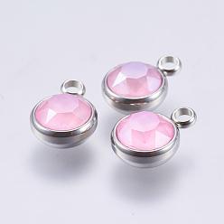 Pink K 9 стеклянные подвески, с 304 фурнитурой из нержавеющей стали, граненые, плоско-круглые, цвет нержавеющей стали, розовые, 13.5x10x6 мм, отверстие : 2.5 мм