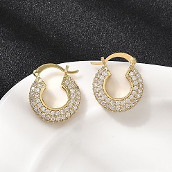 Настоящее золото 18K Латунные плоские круглые серьги-кольца с микропаве из прозрачных кубических цирконий, без кадмия и без свинца, стойки покрытие, долговечный, реальный 18 k позолоченный, 22x19.5x5 мм