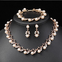 Золотой Ожерелья, браслеты и серьги-гвоздики из сплава, хрустальных страз и пластиковых жемчужин в форме листьев, золотые, 400 мм