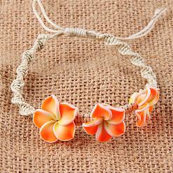 Оранжево-Красный Плюмерия цветок полимерная глина бусины плетеные браслеты из бусин для женщин, с регулируемым восковым шнуром, оранжево-красный, внутренний диаметр: 2-3/8 дюйм (6 см)