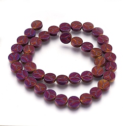 Purple Plated Non-magnetic Synthetic Hematite Bead Strands, Frosted, Flat Round with Letter.Y, Purple Plated, 10x4mm, Hole: 1mm, about 40pcs/strand, 15.7 inch(40cm)