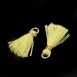 Yellow Polycotton(Polyester Cotton) Tassel Pendant Decorations, Mini Tassel, with Iron Findings and Metallic Cord, Light Gold, Yellow, 10~15x2~3mm, Hole: 1.5mm