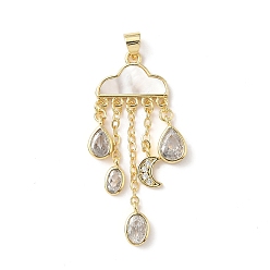 Настоящее золото 18K Латунный микропаве прозрачный кубический цирконий с подвесками из натуральных ракушек, Дождевые облака, без свинца и без кадмия, долговечный, стойки покрытие, реальный 18 k позолоченный, 43x18.5x3.5 мм, отверстие : 3.8x3.5 мм