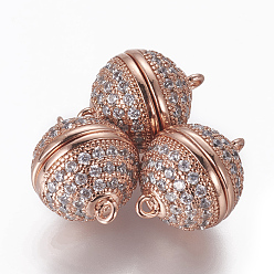 Розовое Золото Магнитные застежки из латуни с цирконием и микропаве с петлями, круглые, прозрачные, розовое золото , 16.5x12.5 мм, отверстие : 1.4 мм