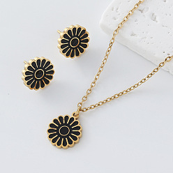 Black 304 Stainless Steel Enamel Flower Pendant Necklace & Stud Earrings Set for Women, Golden, Black, 450mm, Pendant: 14x12mm