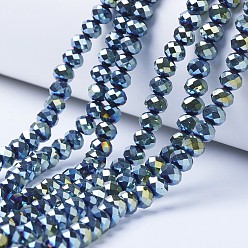 Зеленое Покрытие Гальванизируйте прозрачное стекло бисер нитей, полное покрытие, граненые, рондель, зеленый покрытием, 3.5~3.8x3 мм, отверстие : 0.4 мм, около 105~110 шт / нитка, 29~31 см