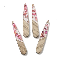 Светло-Вишневый Деревянные подвески, смола и золотая фольга, слеза, светло-вишневый, 44x7.5x4 мм, отверстие : 1.5 мм