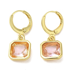 PeachPuff Golden Brass Dangle Leverback Earrings, with Square Glass, PeachPuff, 25.5x10.5mm