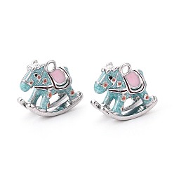 Светло-Синий Латунь эмаль подвески, лошадка прелести, Реальная платина, голубой, 10x11.5x5~7 мм, отверстие : 1.2 мм