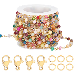 Золотой Набор для изготовления браслета-колье своими руками, включая красочные окрашенные цепочки из натурального нефрита-ронделя с бусинами, 304 из нержавеющей стали пряжки, Перейти латунные, золотые, цепи: 4x3 mm, 4.9~5м / комплект