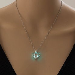 Cyan Alloy Flower Pendant Necklaces, Cable Chain Necklaces, with Luminous Stone, Cyan, 17.72 inch(45cm)