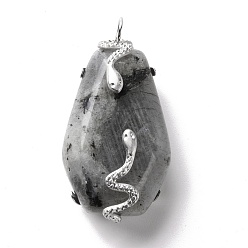 Лабрадорита Природные подвески лабрадорита, с цветным покрытием из нержавеющей стали 304 выводы в виде змеи из нержавеющей стали, шестиугольник, 37x20x12.5 мм, отверстие : 3.5 мм