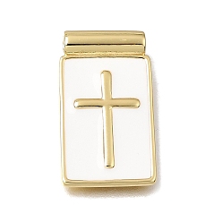 Golden Brass with White Enamel Pendants, Rectangle with Cross Charms, Rack Plating, Long-Lasting Plated, Cadmium Free & Lead Free, Golden, 26x15x4.5mm, Hole: 2mm