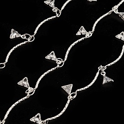 Silver Brass Curved Bar Link Chains, with Clear Cubic Zirconia Triangle Charms, Unwelded, with Spool, Silver, 18x1mm
