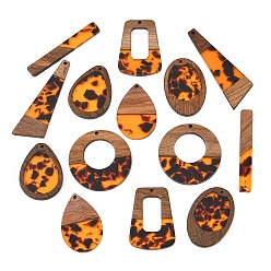 Naranja Colgantes de madera de nogal y resina transparente, encanto de formas mixtas, naranja, 35.5~57.5x7.5~38x3.5 mm, agujero: 2 mm, sobre 14 PC / sistema