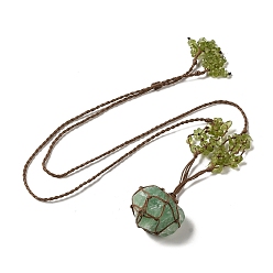 Fluorite Natural Green Fluorite Braided Bead Pendant Necklacess, with Peridot Chips, Wax Rope Pouch Adjustable Necklaces, 27.24~29.84 inch(69.2~75.8cm)