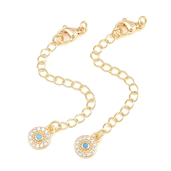 Golden Brass Curb Chain Extender, End Chains with Lobster Claw Clasps and Cubic Zirconia Charms, Flat Round, Golden, 74mm, Hole: 2.4mm