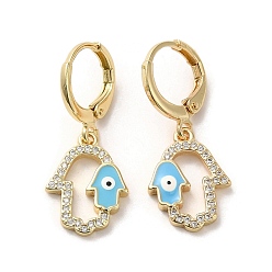 Sky Blue Hamsa Hand with Evil Eye Golden Brass Dangle Leverback Earrings, with Enamel & Cubic Zirconia, Sky Blue, 28.5~29x12mm