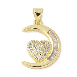 Сердце Латунные микро проложить кубического циркония подвески, луна, стойки покрытие, долговечный, без свинца и без кадмия, реальный 18 k позолоченный, сердце, 19x14x4 мм, отверстие : 4x3.5 мм